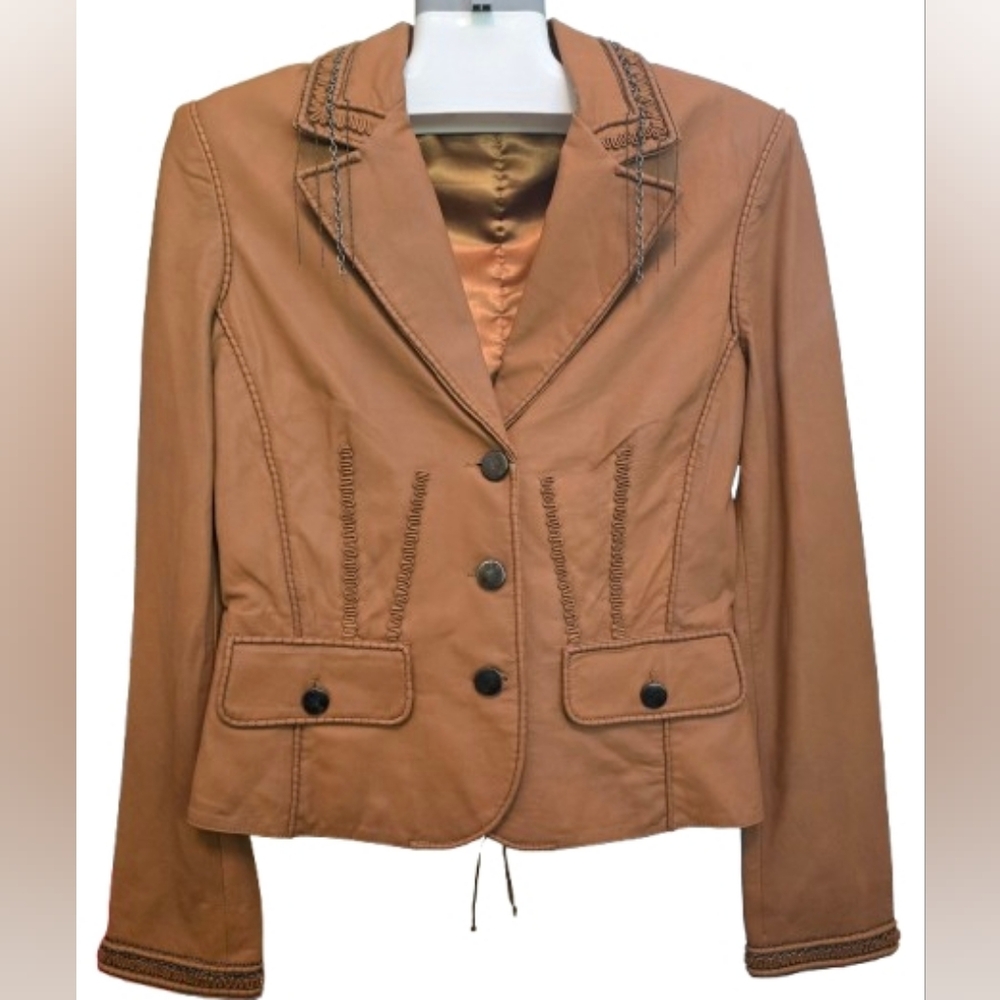 NWT Roberta Scarpa Caramel Lambskin Leather Jacket with Decorative‎ Stitching